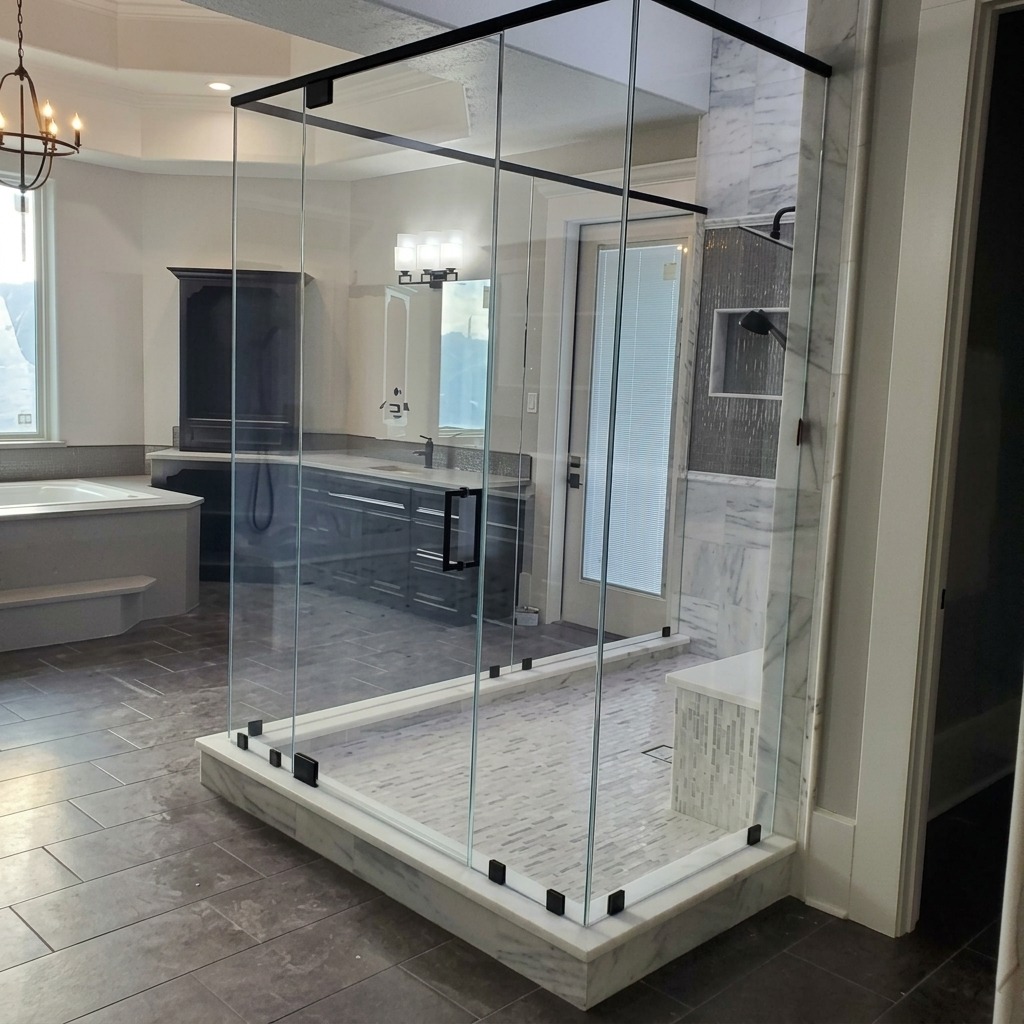 Black-trimmed frameless glass shower enclosure on a raised curb in a large bath