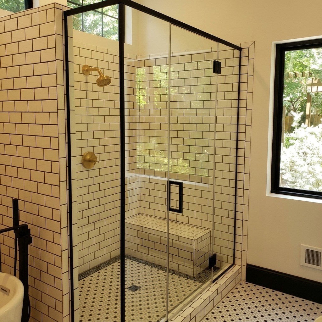 Black-framed glass shower enclosure with white subway tile and a black and white hex floor