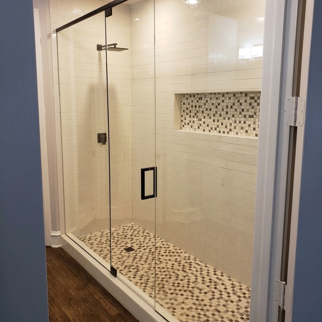 Frameless inline glass shower with black hinges and a pebble tile floor