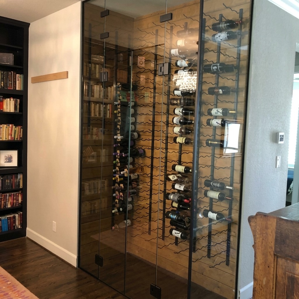 Floor-to-ceiling glass wine cabinet with black trim