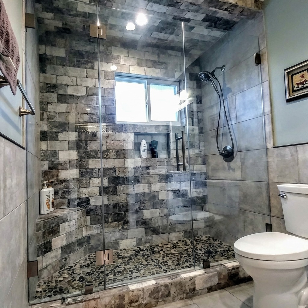 Frameless inline glass shower with a glass subway tile wall