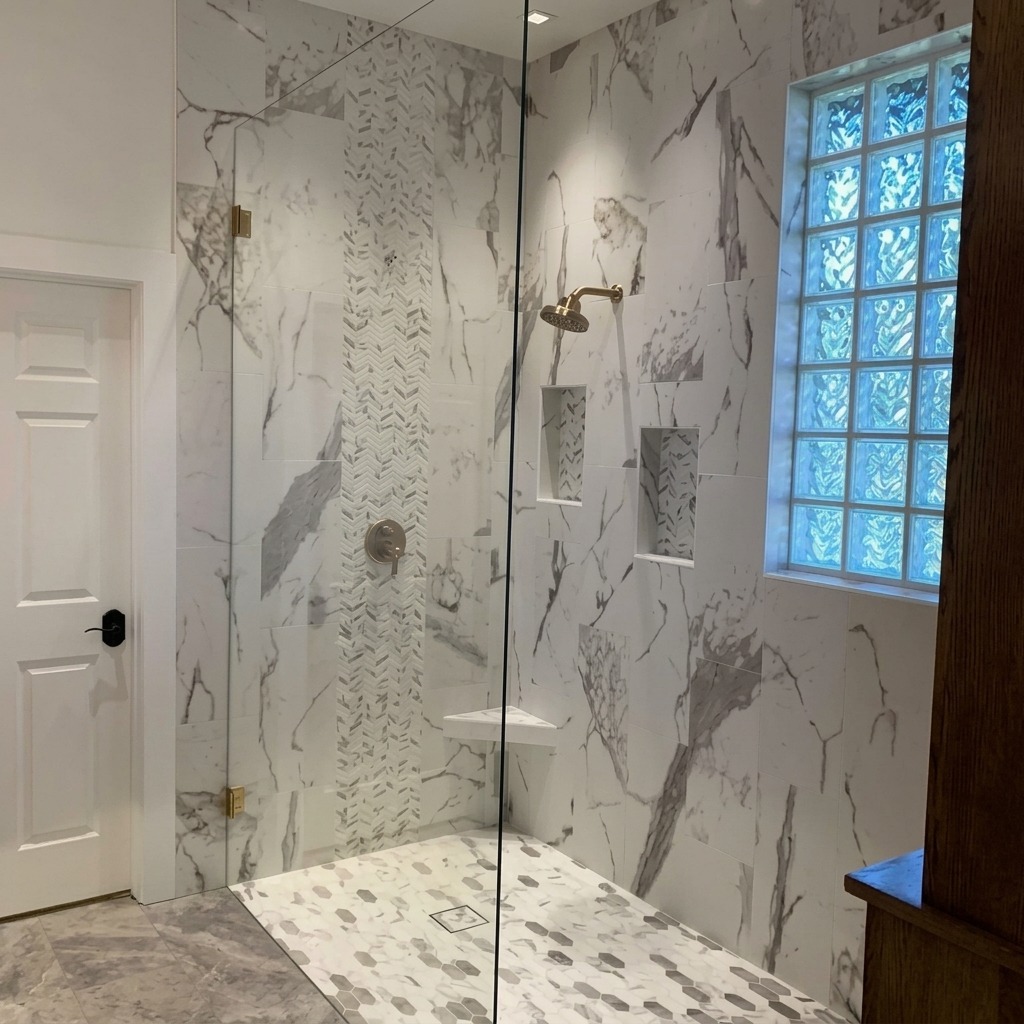 Frameless glass shower with marble-look tile and a glass block window