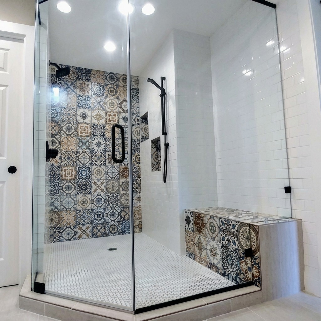 Neo-angle frameless glass shower with black hardware and patterned accent tile