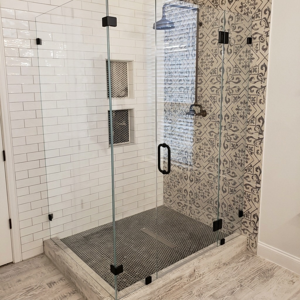 Frameless 90 degree glass shower with black hardware and a patterned accent tile wall