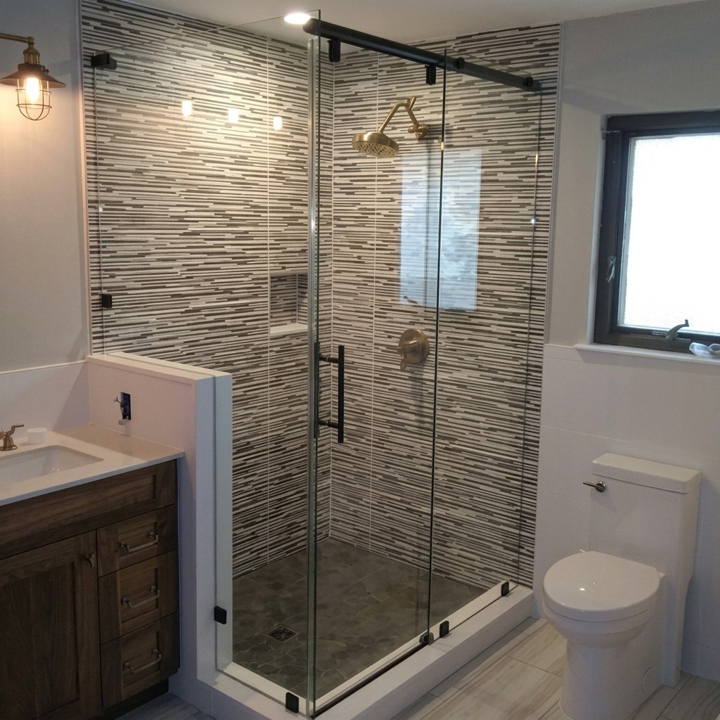Frameless sliding glass shower door with a stacked stone accent wall