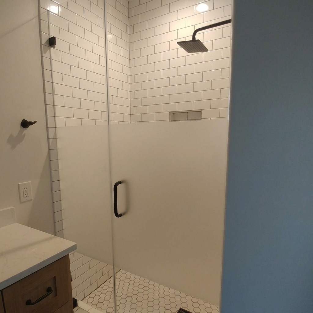 Frameless shower door and panel with a frosted privacy band