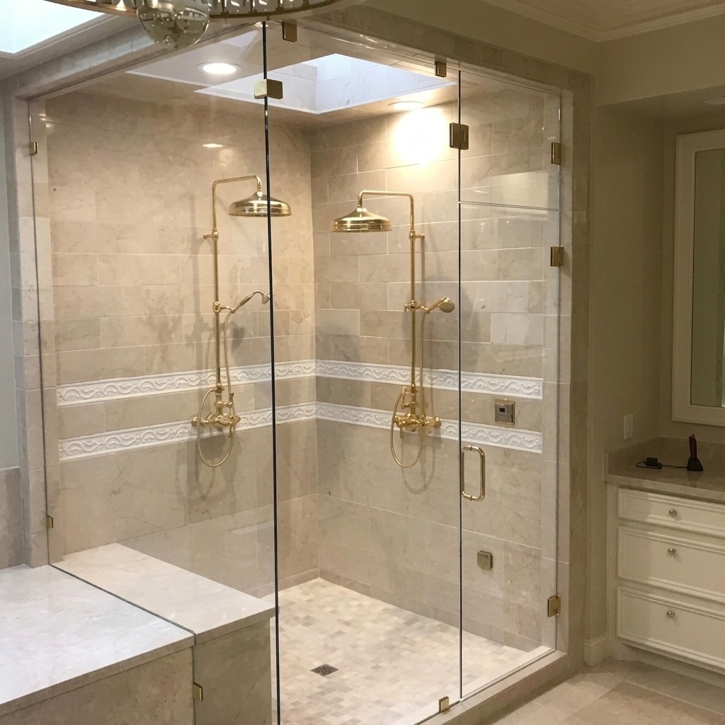 Frameless glass steam shower enclosure with a transom and gold fixtures