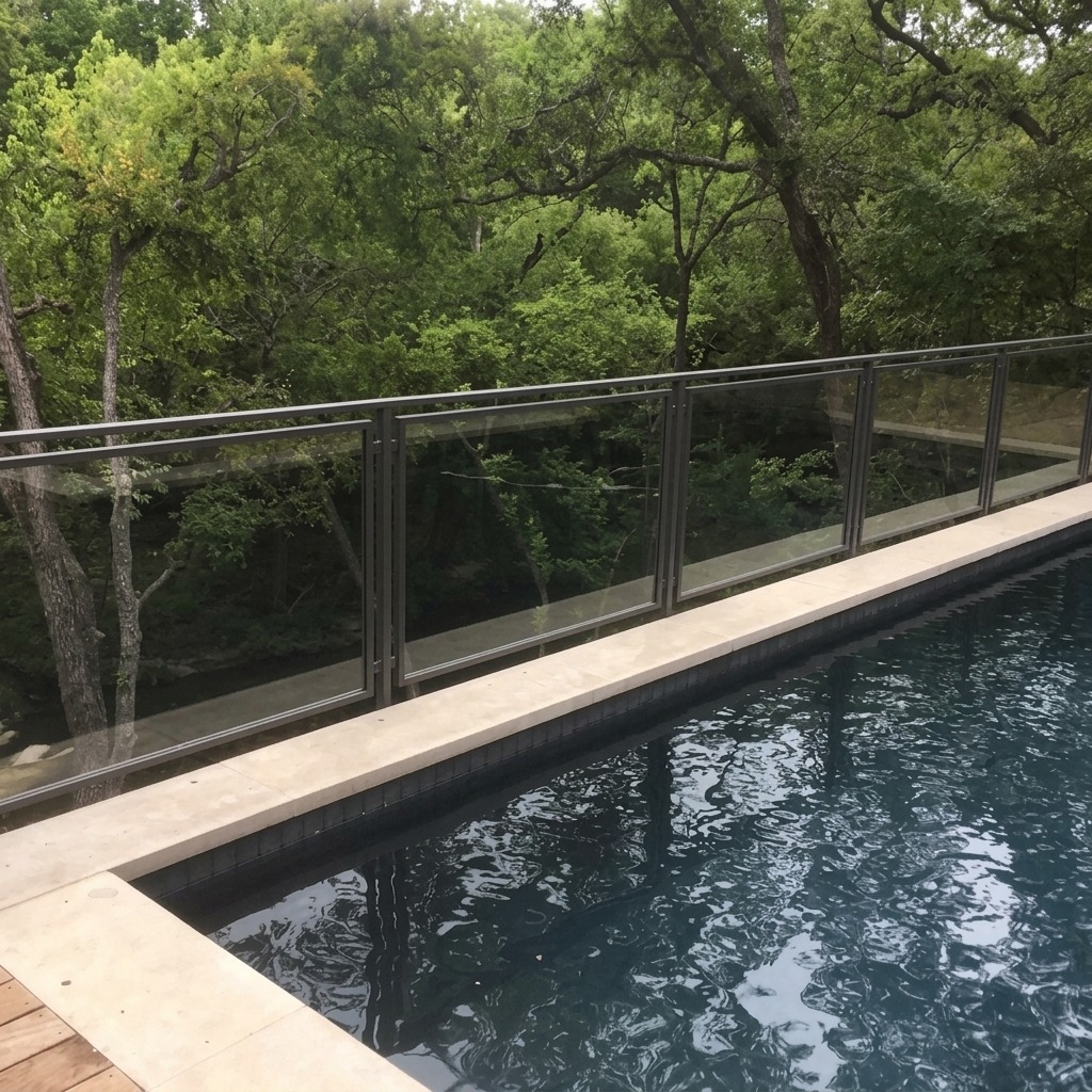 Glass pool railing with slim metal posts along a swimming pool edge with trees beyond