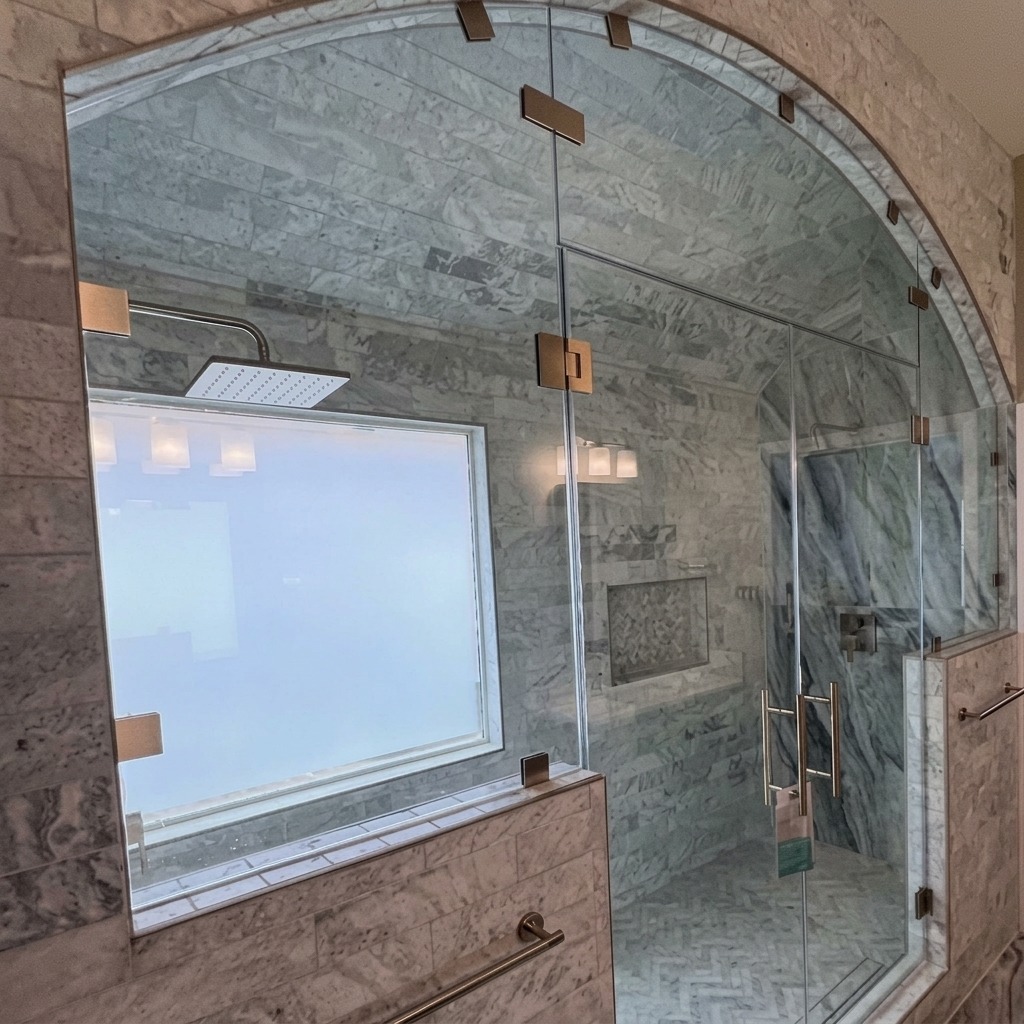 Frameless glass steam shower set into an arched tiled opening, with brushed brass hardware and a glass transom