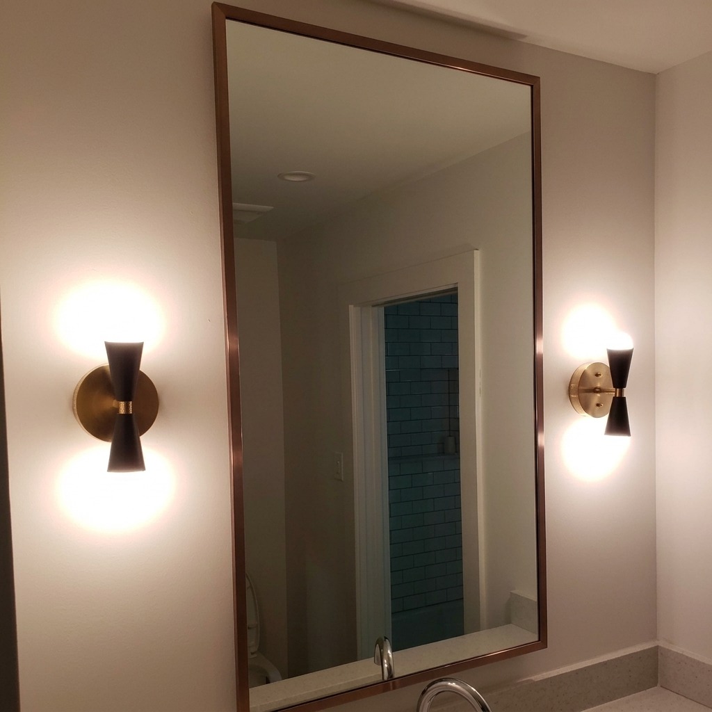 Tall copper-framed vanity mirror between two black and brass wall sconces