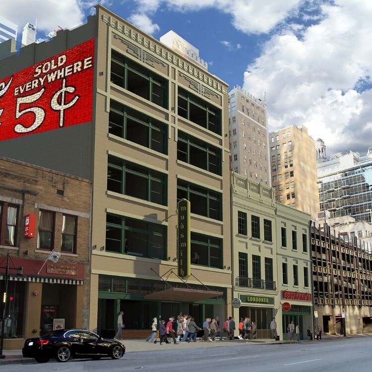 Rendering of the restored historic storefronts along the street