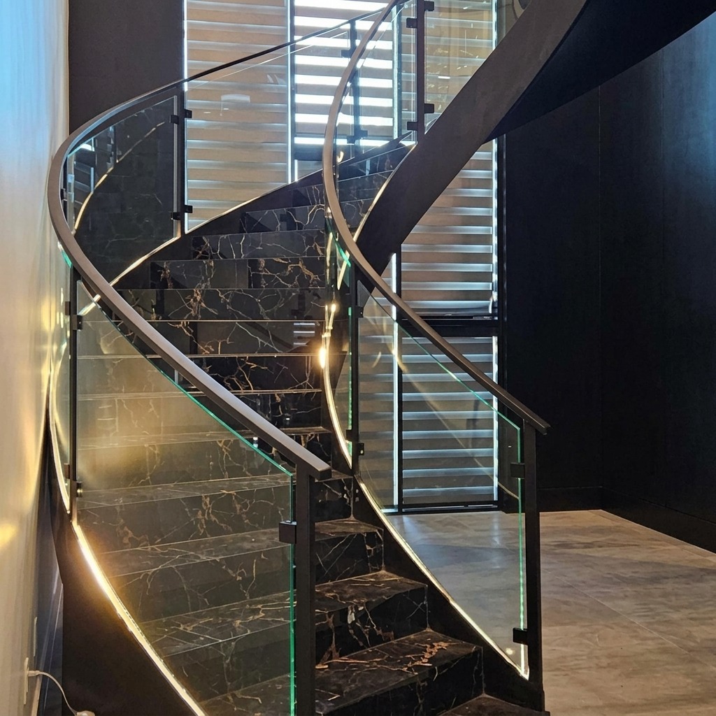 Curved glass railing on a spiral staircase