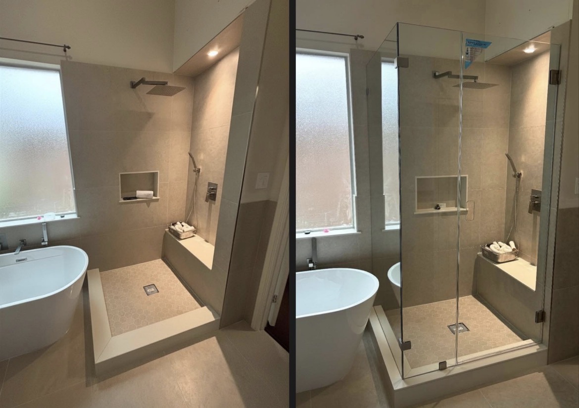Before and after of a Dallas bathroom: an open tiled shower with bench seat, then the same shower with a frameless 90-degree glass enclosure installed beside the freestanding tub